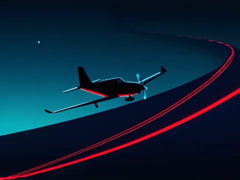 Aviator on the AllPanel deck &mdash; a red plane climbing a rising curve at night