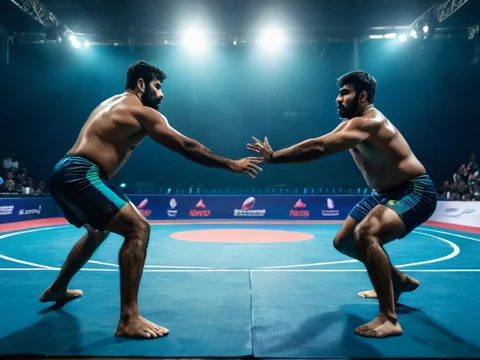 Kabaddi on the AllPanel deck &mdash; two kabaddi players mid-contest on an arena mat